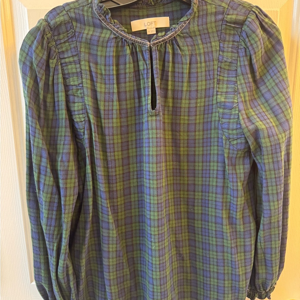 Women's Medium Loft Plaid Green Navy High Neck Blouse Top Casual Office Preppy